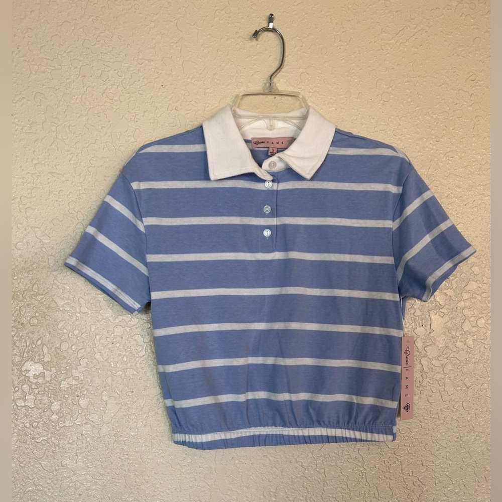 Crave Game Women’s Striped Polo Crop Top – Blue & White, Size S, M. NWT